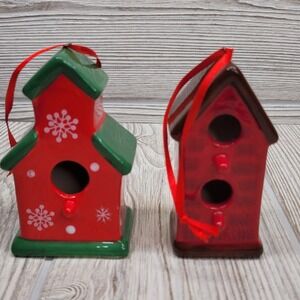 2 Christmas Tree Ceramic Birdhouse Ornaments Red Green Holiday Decor Bird Nature